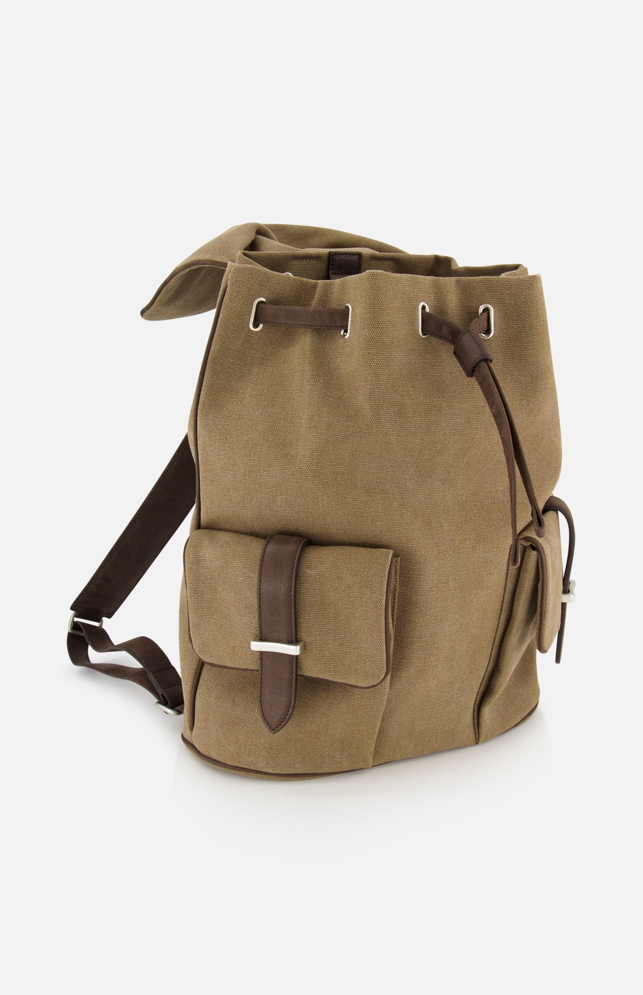 The Safari Leather Trim Backpack by ORCIANI, in khaki canvas with brown leather straps and buckles, features front and side pockets—an ideal men's bag for daily essentials, shown against a plain white background.