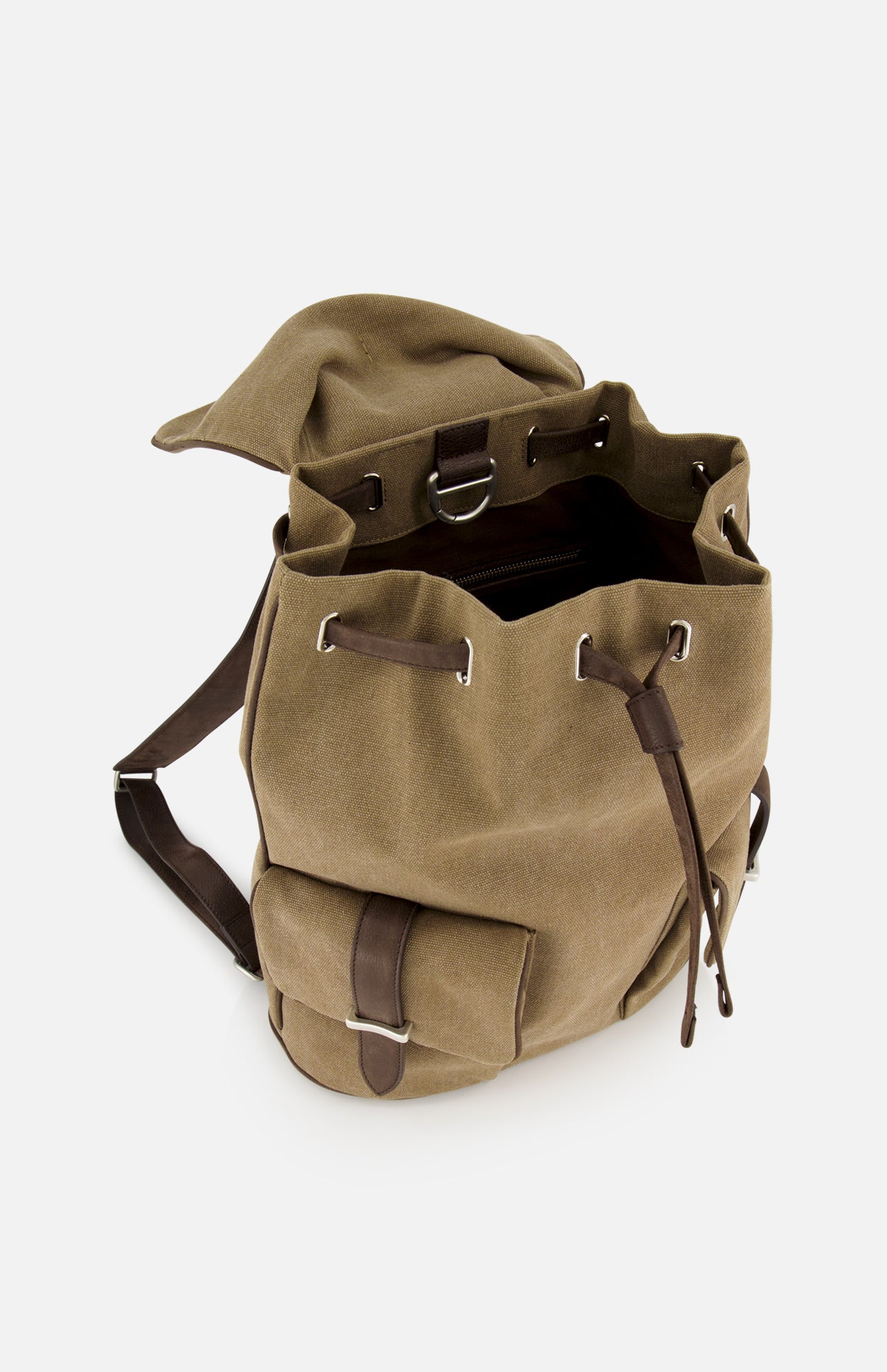 The ORCIANI Safari Leather Trim Backpack, shown from above on a white background, features khaki canvas, brown leather straps and accents, a front pocket, drawstring closure, and an open top flap.