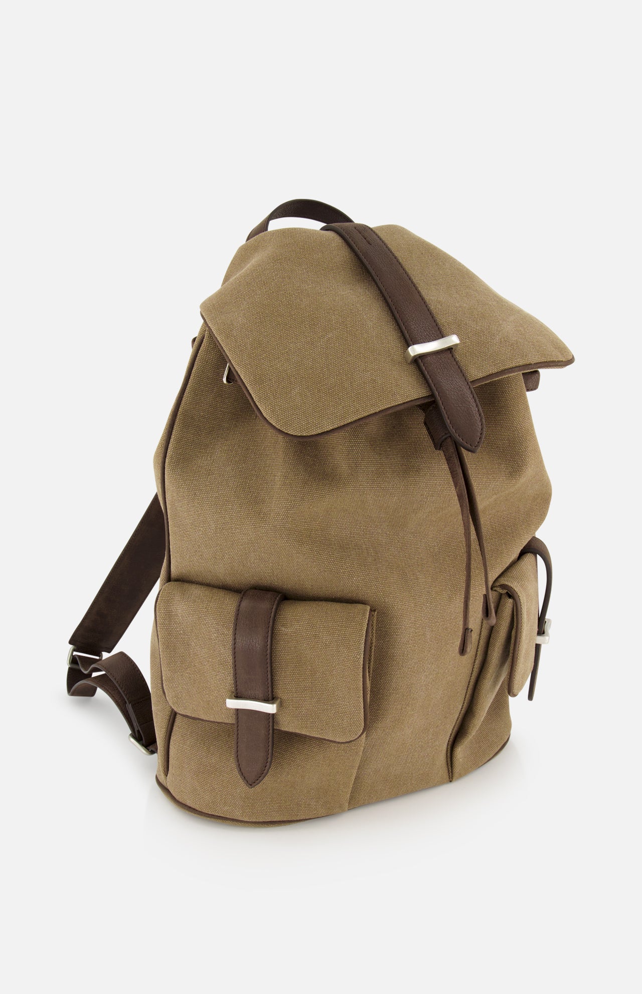 The ORCIANI Safari Leather Trim Backpack features khaki canvas, brown leather straps, a front buckle pocket, side pocket, and top flap closure. This men’s backpack stands upright on a white background.