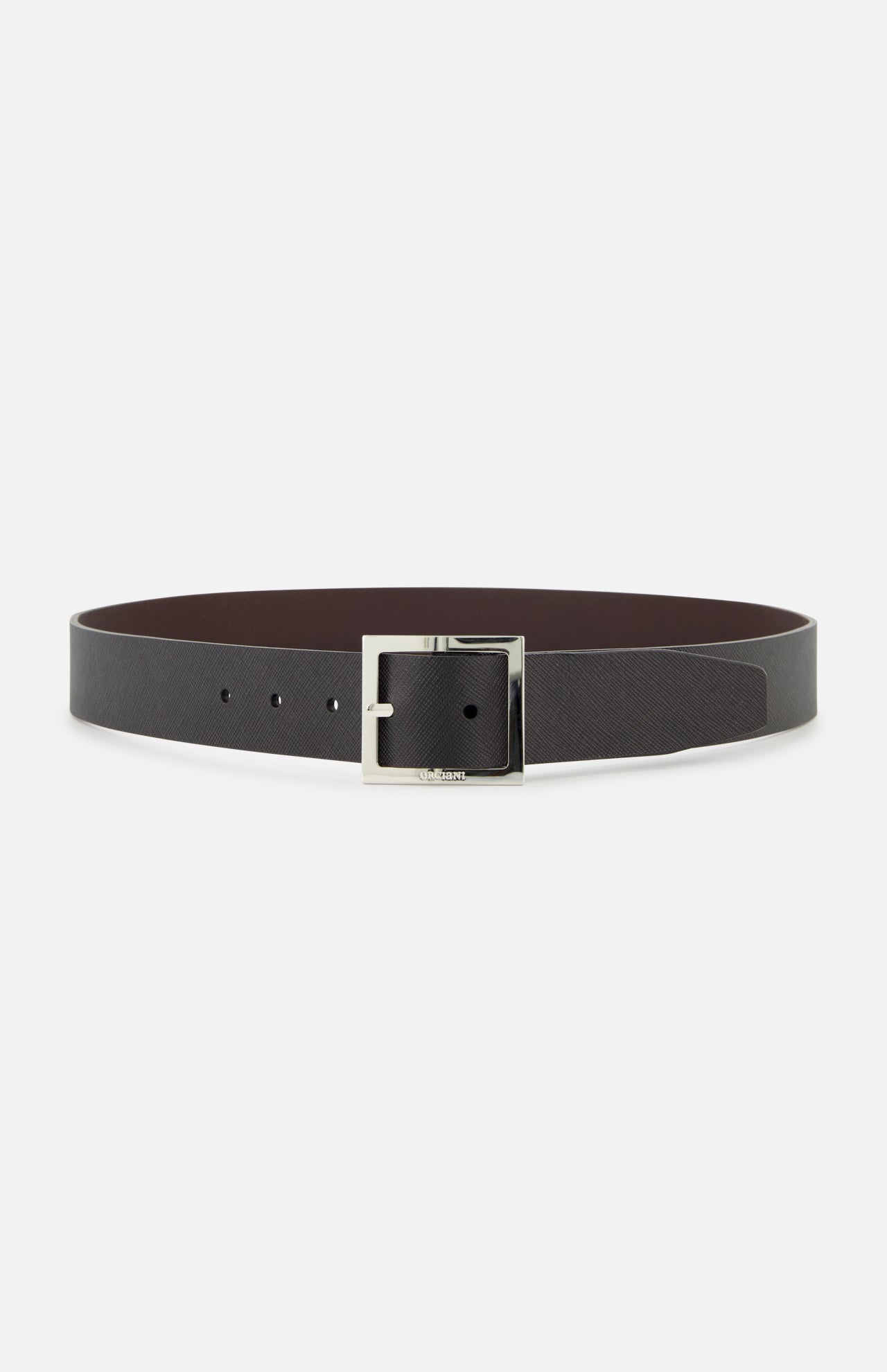 The ORCIANI Saffiano Reversible Belt features dark brown leather and a silver rectangular buckle, shown in a circular display against a white background.