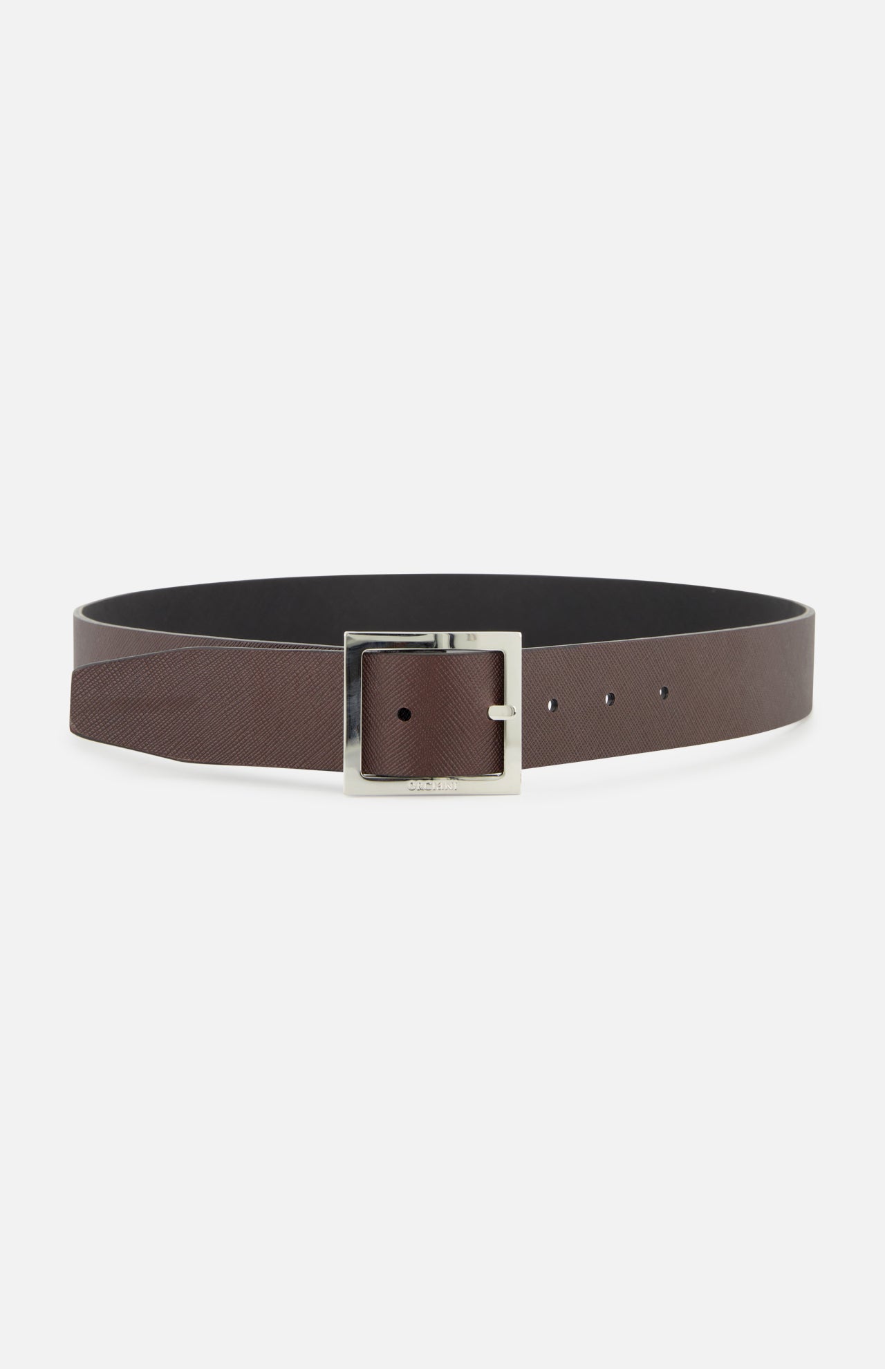 The ORCIANI Saffiano Reversible Belt, shown against a white background, features brown leather, a rectangular silver buckle, and multiple holes for size adjustment.