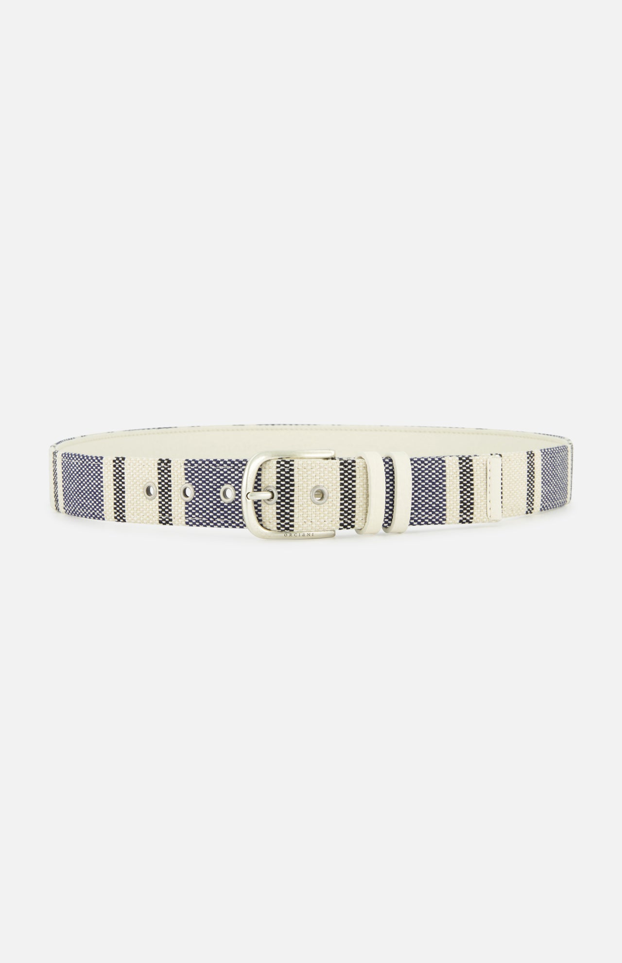The ORCIANI Summer Tubolarstripe Belt features alternating navy and beige stripes, a beige buckle, and matching belt loop, crafted in Italy.