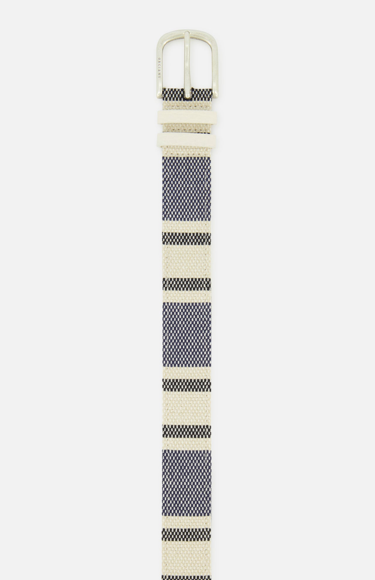 A close-up of the ORCIANI Summer Tubolarstripe Belt, featuring woven leather with alternating beige and navy blue stripes and a silver buckle, made in Italy, shown on a white background.