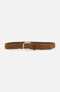 The ORCIANI Suede Woven Belt, featuring a tan braided suede design and silver buckle, is made in Italy and displayed flat on a plain white background.