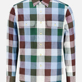 The ORIGINAL MADRAS Check Long Sleeve Shirt features a large blue, green, burgundy, and white check pattern in pure Indian cotton with a collar and two chest pockets with button closures.