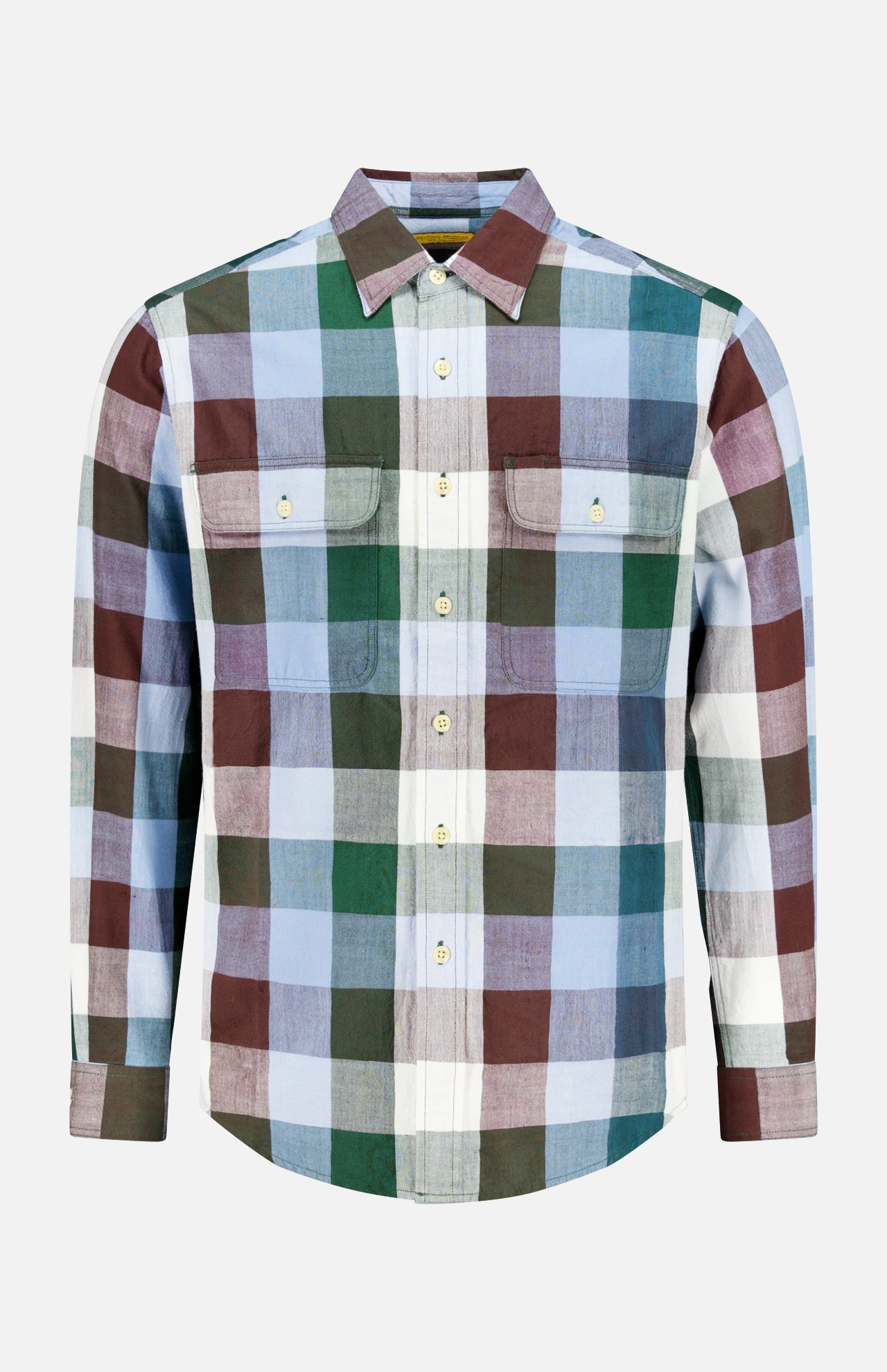The ORIGINAL MADRAS Check Long Sleeve Shirt features a large blue, green, burgundy, and white check pattern in pure Indian cotton with a collar and two chest pockets with button closures.