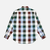 The ORIGINAL MADRAS Check Long Sleeve Shirt features a large green, blue, white, and brown check pattern in pure Indian cotton, shown flat with its back facing up.