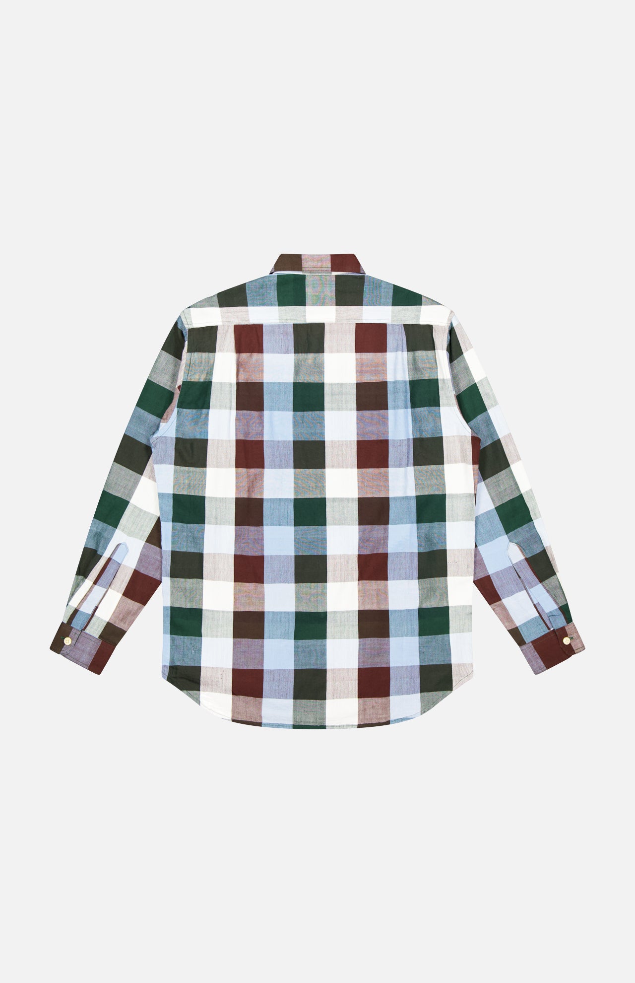 The ORIGINAL MADRAS Check Long Sleeve Shirt features a large green, blue, white, and brown check pattern in pure Indian cotton, shown flat with its back facing up.