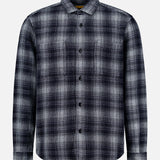 The ORIGINAL MADRAS Check Roundtail Overshirt is a men’s long-sleeve, button-up shirt in a black, gray, and white plaid cotton pattern. Featuring a chest pocket and classic collar, this easy-care overshirt is displayed against a plain white background.