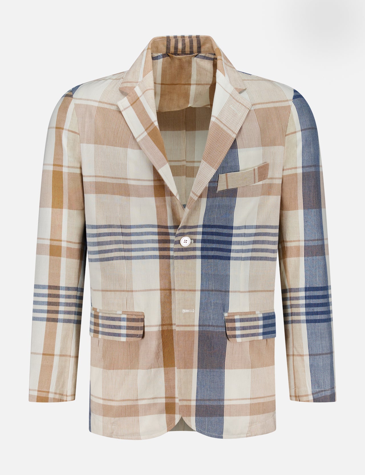 The ORIGINAL MADRAS Check Single Breasted Summer Jacket is a men's blazer in a patchwork Madras check of beige, brown, blue, and cream. Made from Indian cotton, it features notched lapels, two front buttons, and multiple pockets.