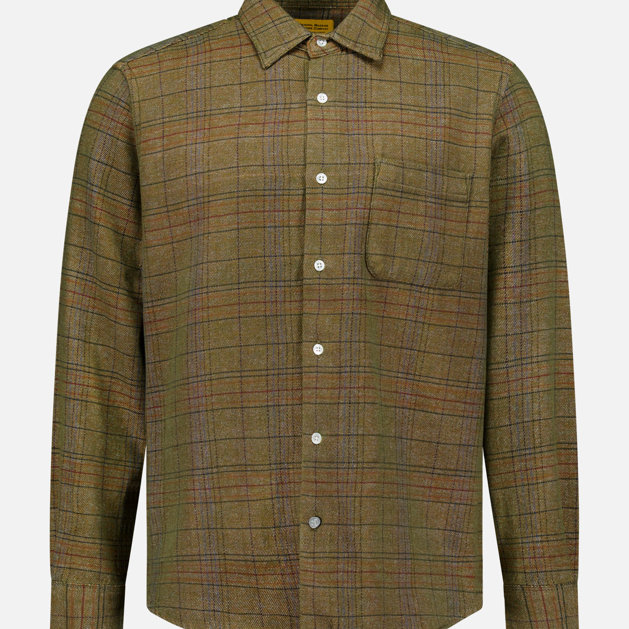 The ORIGINAL MADRAS Check Straight Collar Dress Shirt is a long-sleeved, button-up shirt crafted from pure Indian cotton, showcasing a green and brown plaid Madras check pattern with a single chest pocket and straight collar, displayed against a plain white background.