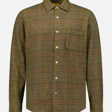 The ORIGINAL MADRAS Check Straight Collar Dress Shirt is a long-sleeved, button-up shirt crafted from pure Indian cotton, showcasing a green and brown plaid Madras check pattern with a single chest pocket and straight collar, displayed against a plain white background.