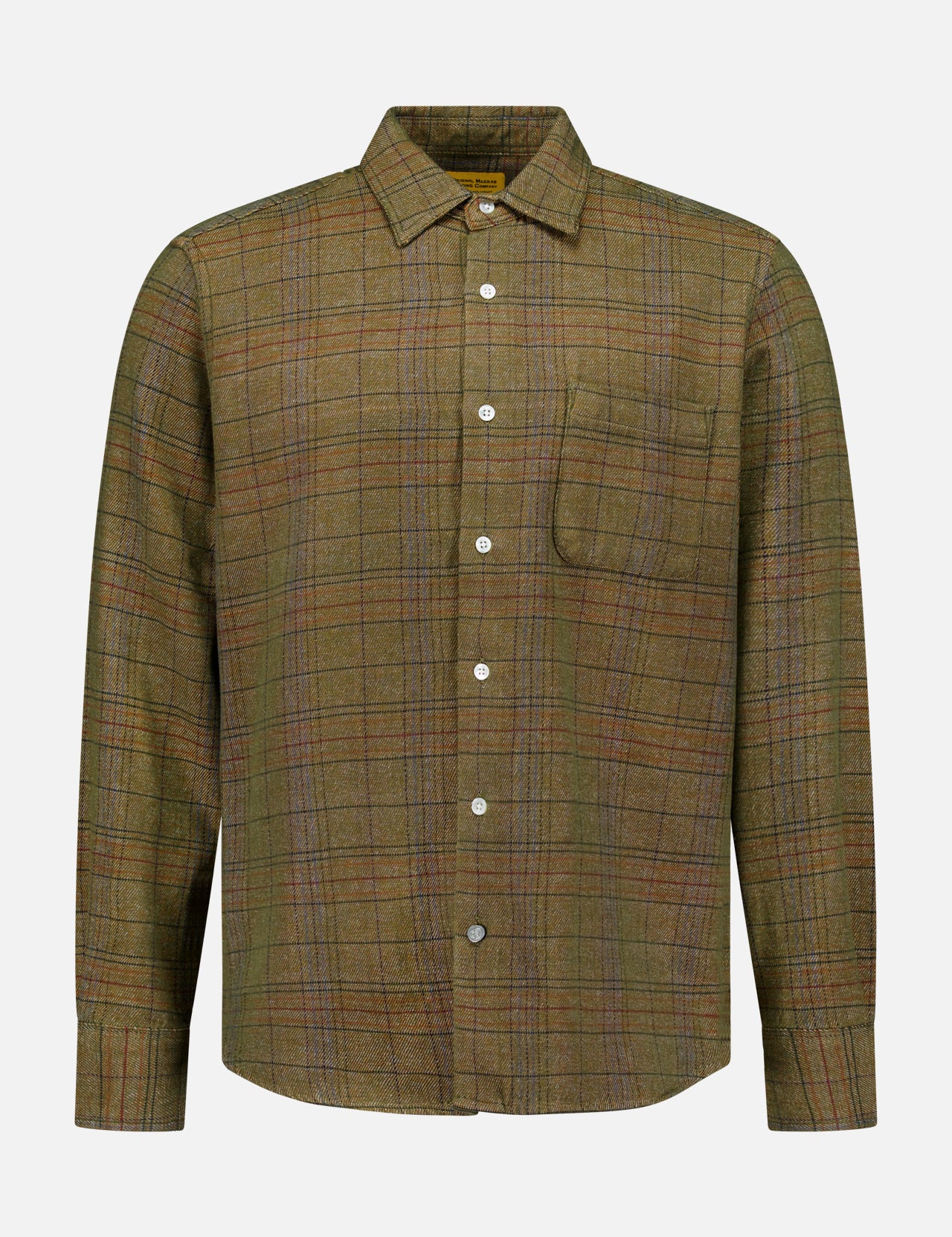 The ORIGINAL MADRAS Check Straight Collar Dress Shirt is a long-sleeved, button-up shirt crafted from pure Indian cotton, showcasing a green and brown plaid Madras check pattern with a single chest pocket and straight collar, displayed against a plain white background.