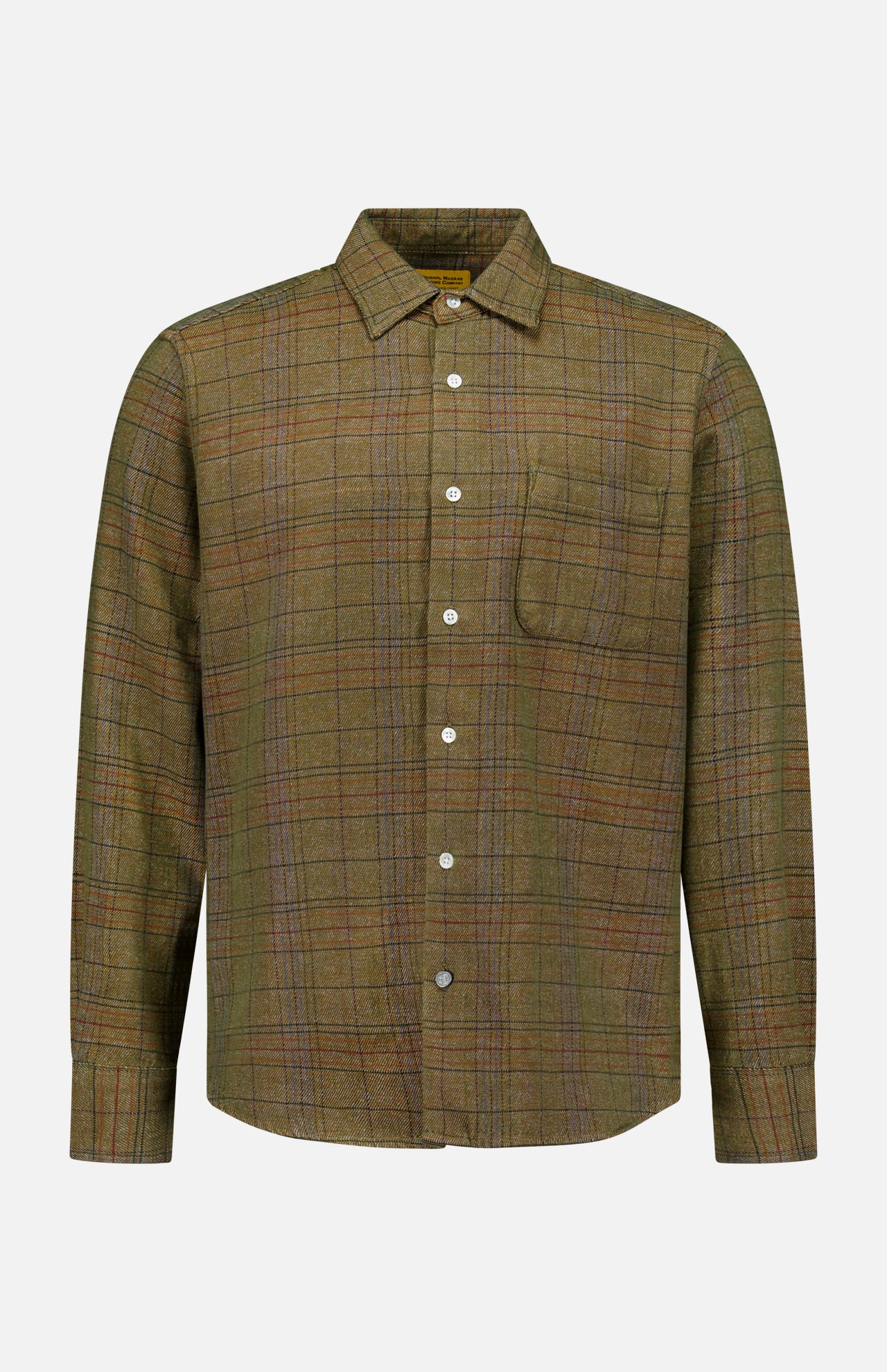 The ORIGINAL MADRAS Check Straight Collar Dress Shirt is a long-sleeved, button-up shirt crafted from pure Indian cotton, showcasing a green and brown plaid Madras check pattern with a single chest pocket and straight collar, displayed against a plain white background.