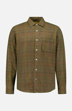The ORIGINAL MADRAS Check Straight Collar Dress Shirt is a long-sleeved, button-up shirt crafted from pure Indian cotton, showcasing a green and brown plaid Madras check pattern with a single chest pocket and straight collar, displayed against a plain white background.
