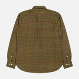 The ORIGINAL MADRAS Check Straight Collar Dress Shirt is pictured from the back in an olive green plaid with a classic checkered pattern formed by thin brown, blue, and red lines. Crafted from pure Indian cotton, this shirt features long sleeves with buttoned cuffs and a curved hem.