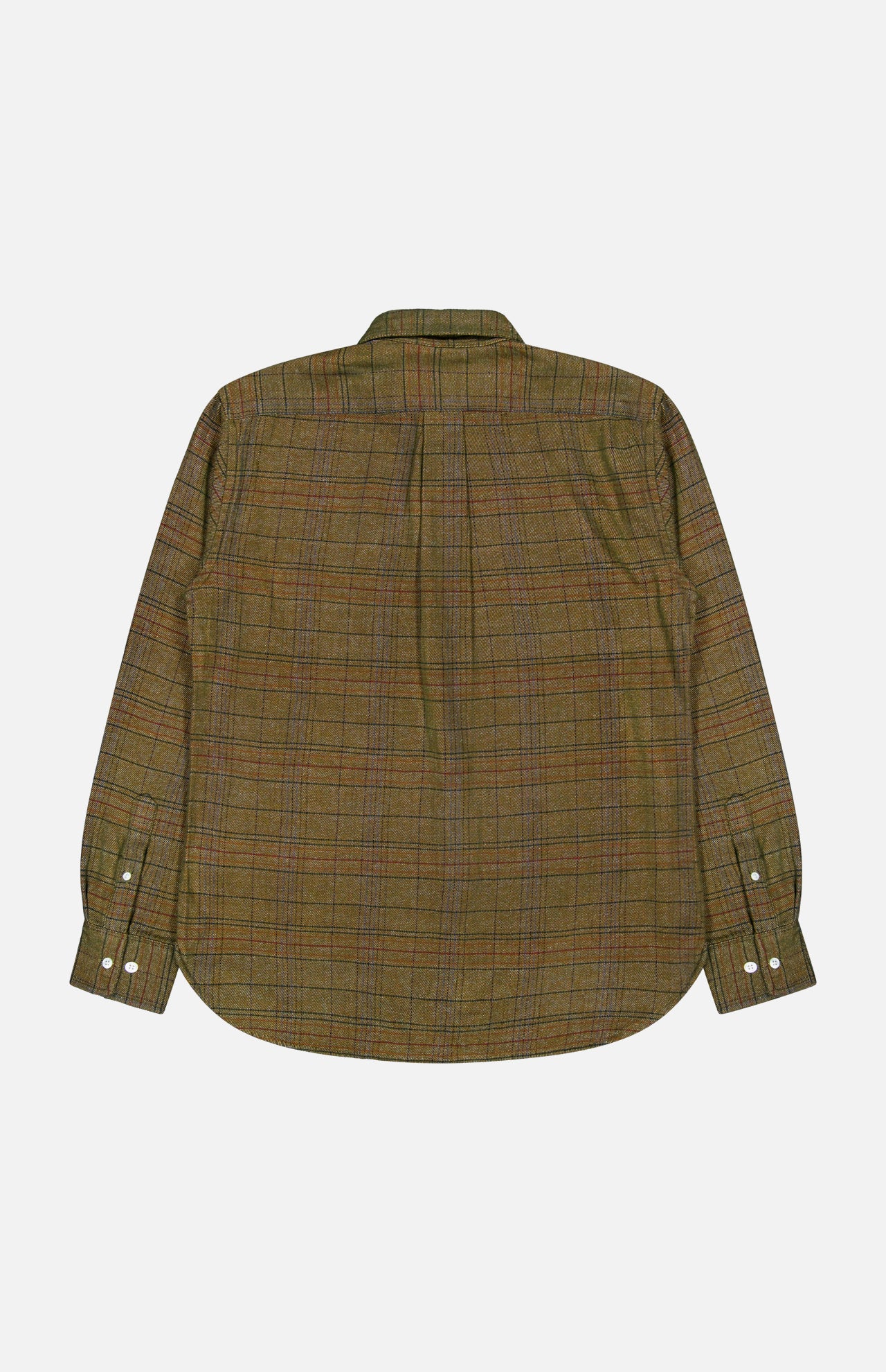 The ORIGINAL MADRAS Check Straight Collar Dress Shirt is pictured from the back in an olive green plaid with a classic checkered pattern formed by thin brown, blue, and red lines. Crafted from pure Indian cotton, this shirt features long sleeves with buttoned cuffs and a curved hem.