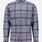 The ORIGINAL MADRAS Check Straight Collar Dress Shirt is a long-sleeve button-up crafted from pure Indian cotton, showcasing a blue, gray, and red plaid pattern against a plain white background.