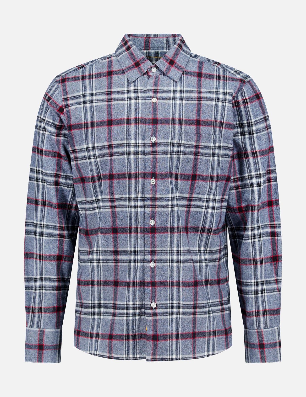 The ORIGINAL MADRAS Check Straight Collar Dress Shirt is a long-sleeve button-up crafted from pure Indian cotton, showcasing a blue, gray, and red plaid pattern against a plain white background.