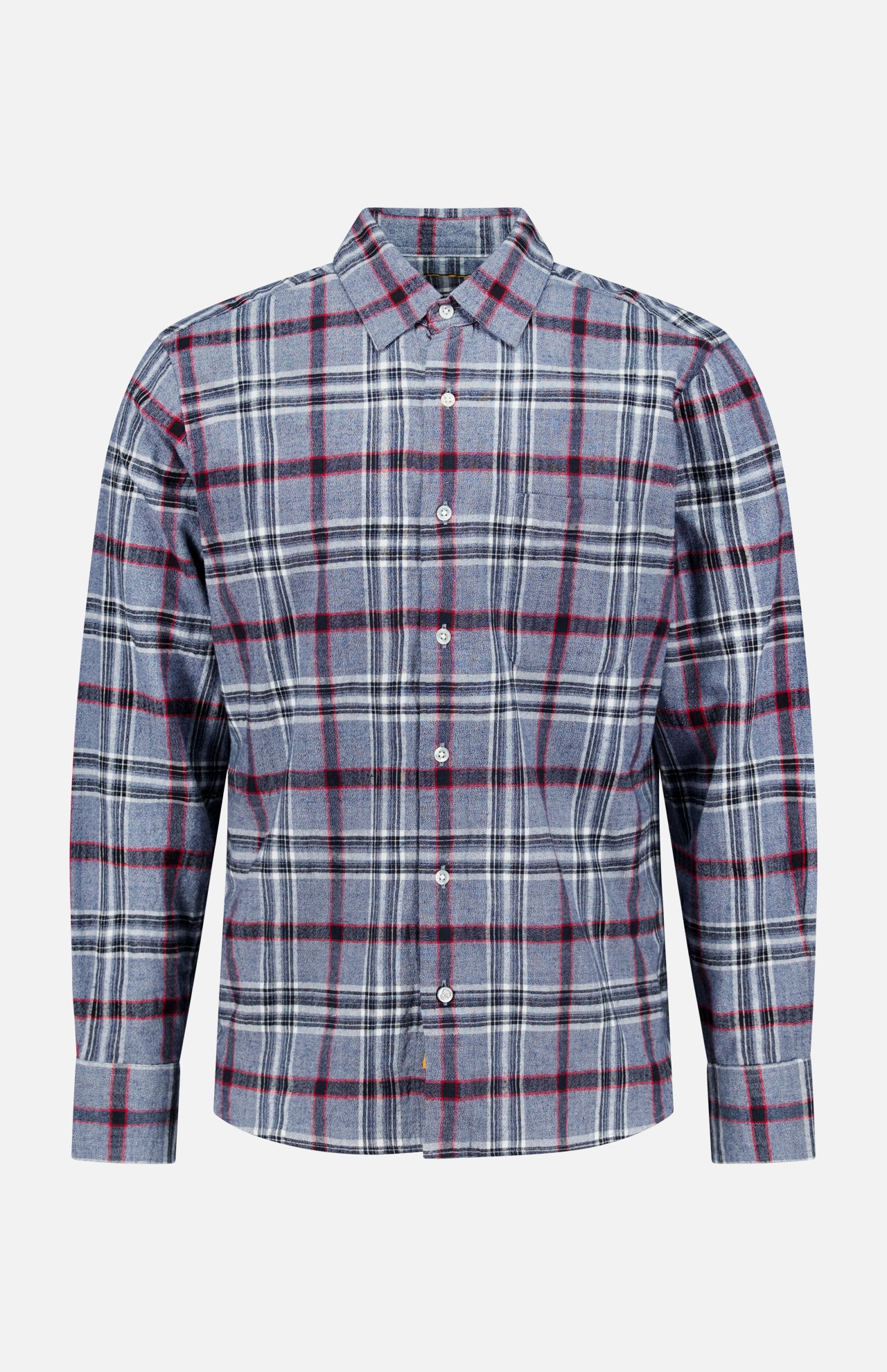 The ORIGINAL MADRAS Check Straight Collar Dress Shirt is a long-sleeve button-up crafted from pure Indian cotton, showcasing a blue, gray, and red plaid pattern against a plain white background.