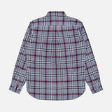 An ORIGINAL MADRAS Check Straight Collar Dress Shirt featuring a blue, gray, and red plaid Madras check pattern is displayed laid flat with its back facing up on a plain white background. Made from pure Indian cotton, this classic shirt provides both exceptional comfort and timeless style.