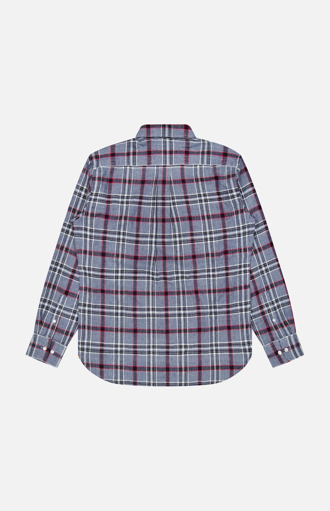 An ORIGINAL MADRAS Check Straight Collar Dress Shirt featuring a blue, gray, and red plaid Madras check pattern is displayed laid flat with its back facing up on a plain white background. Made from pure Indian cotton, this classic shirt provides both exceptional comfort and timeless style.