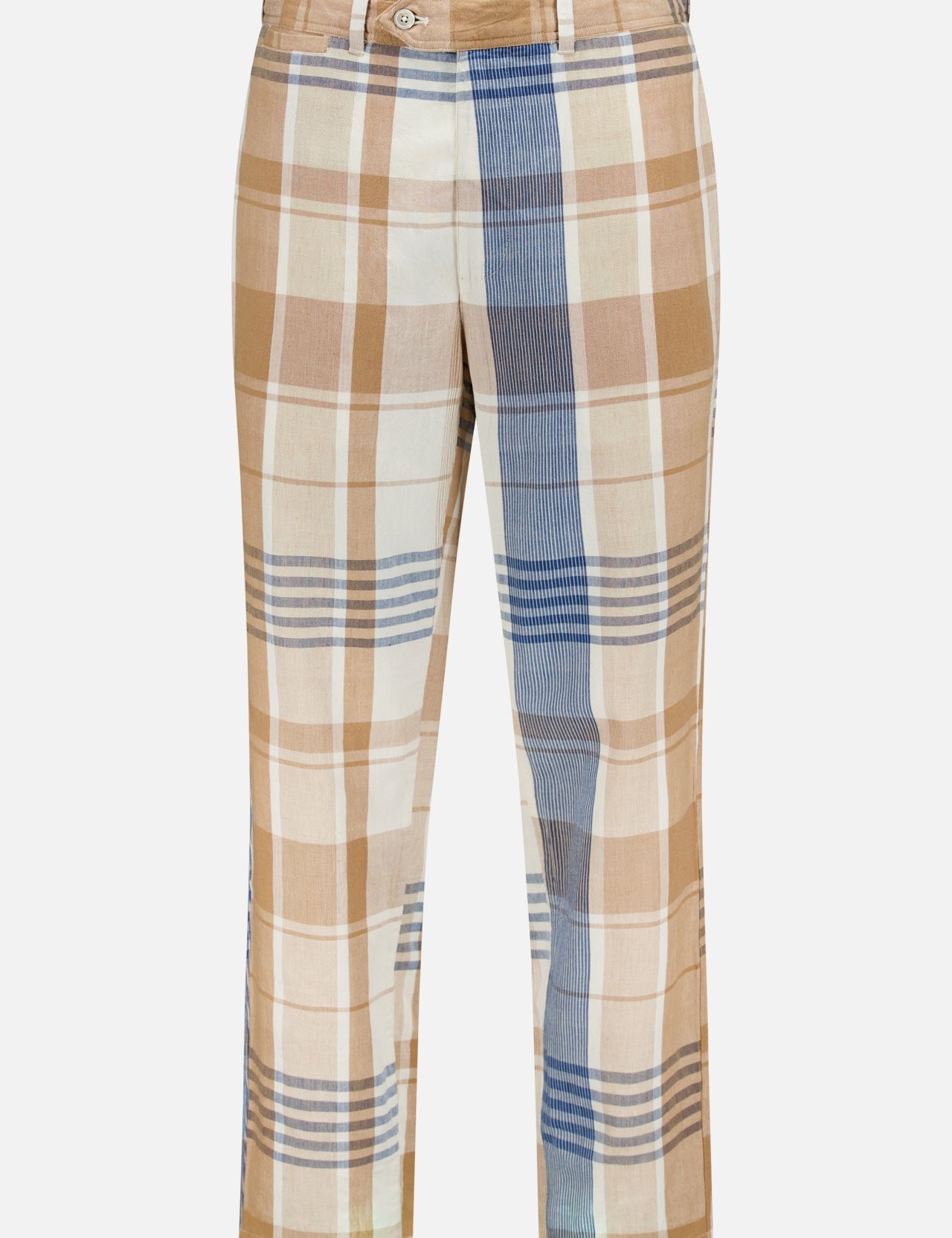 The ORIGINAL MADRAS Check Summer Trouser Pant features beige, brown, and blue Madras checks, a button-zipper closure, straight legs, and a mix of wide/narrow plaid—ideal for stylish summer outfits.