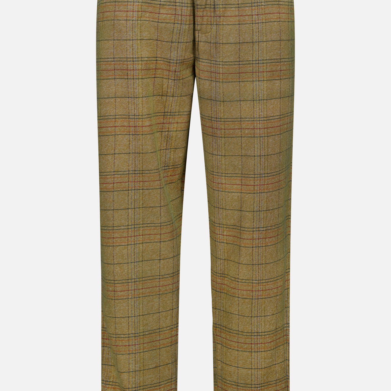 The Check Trouser Pant by ORIGINAL MADRAS features an olive green plaid pattern with subtle red and blue lines inspired by classic Madras check. Made from cotton, these trousers have a straight-leg cut, belt loops, and a single black button at the waist. Crafted in India, they are showcased against a white background.