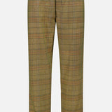 The Check Trouser Pant by ORIGINAL MADRAS features an olive green plaid pattern with subtle red and blue lines inspired by classic Madras check. Made from cotton, these trousers have a straight-leg cut, belt loops, and a single black button at the waist. Crafted in India, they are showcased against a white background.