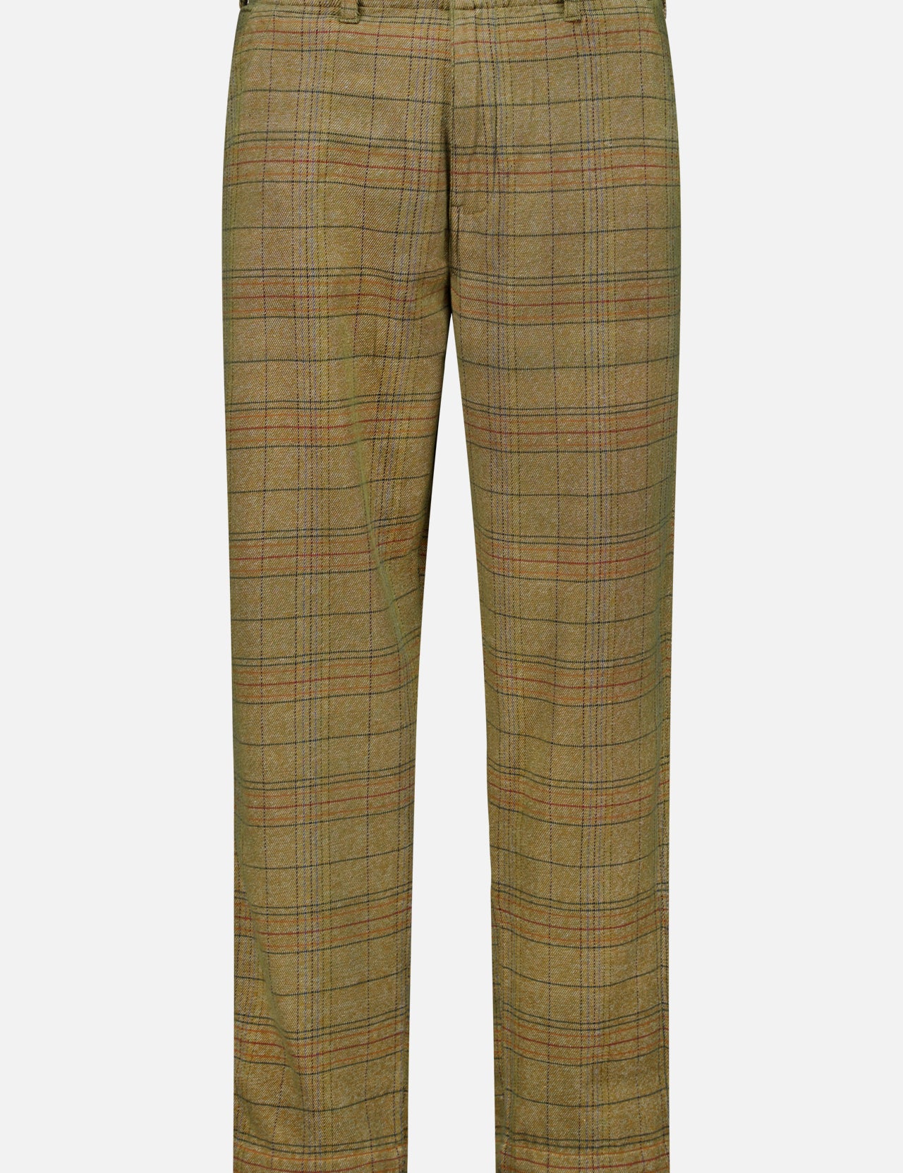 The Check Trouser Pant by ORIGINAL MADRAS features an olive green plaid pattern with subtle red and blue lines inspired by classic Madras check. Made from cotton, these trousers have a straight-leg cut, belt loops, and a single black button at the waist. Crafted in India, they are showcased against a white background.