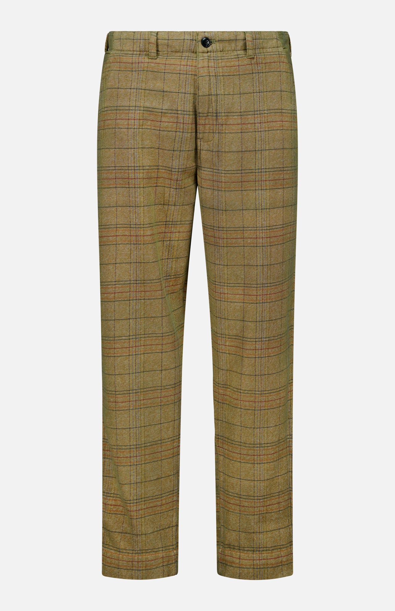 The Check Trouser Pant by ORIGINAL MADRAS features an olive green plaid pattern with subtle red and blue lines inspired by classic Madras check. Made from cotton, these trousers have a straight-leg cut, belt loops, and a single black button at the waist. Crafted in India, they are showcased against a white background.