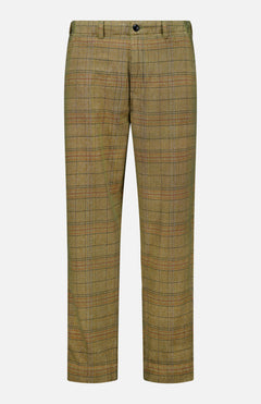 The Check Trouser Pant by ORIGINAL MADRAS features an olive green plaid pattern with subtle red and blue lines inspired by classic Madras check. Made from cotton, these trousers have a straight-leg cut, belt loops, and a single black button at the waist. Crafted in India, they are showcased against a white background.
