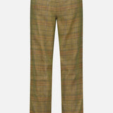 Back view of the ORIGINAL MADRAS Check Trouser Pant, featuring belt loops, two back welt pockets, and a straight-leg fit. Crafted in India, the cotton fabric showcases a subtle Madras check pattern in shades of brown, green, and orange.