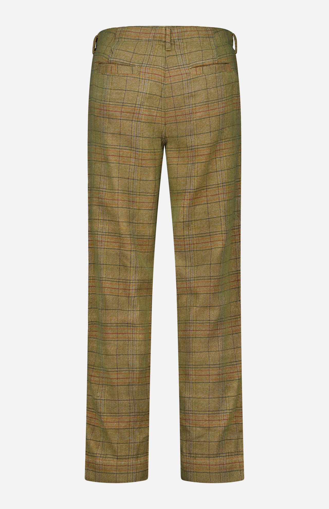 Back view of the ORIGINAL MADRAS Check Trouser Pant, featuring belt loops, two back welt pockets, and a straight-leg fit. Crafted in India, the cotton fabric showcases a subtle Madras check pattern in shades of brown, green, and orange.