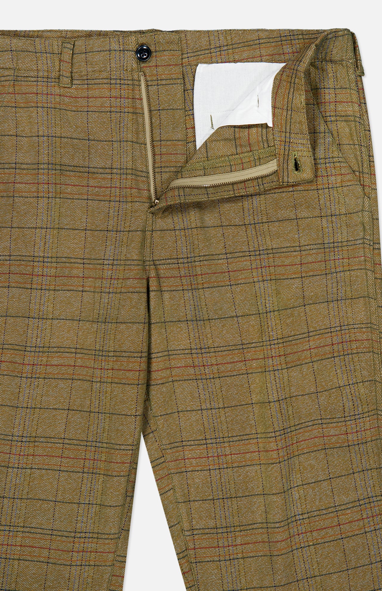 A pair of ORIGINAL MADRAS Check Trouser Pants in tan plaid cotton, showcasing a subtle Madras check pattern and a partially open zipper with button closure that reveals a glimpse of the inner white pocket lining.