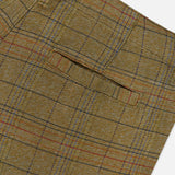 Close-up of the ORIGINAL MADRAS Check Trouser Pant, featuring brown tweed fabric with a plaid pattern in red, blue, and black lines, showcasing a back pocket and part of a seam—a garment likely crafted from cotton and made in India.