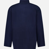 The ORIGINAL MADRAS Herringbone Twill Soft Jacket, featuring long sleeves, a stand-up collar, and a straight hem in navy blue cotton, is displayed from the back against a plain white background.