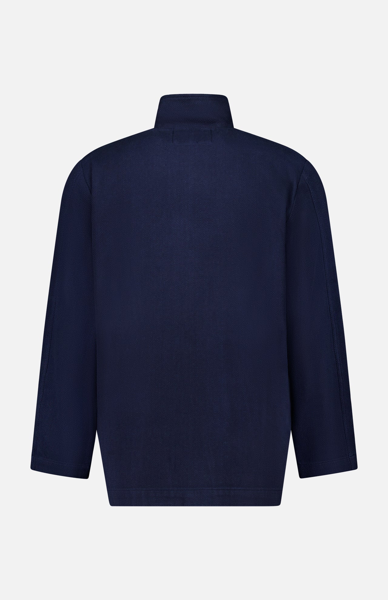 The ORIGINAL MADRAS Herringbone Twill Soft Jacket, featuring long sleeves, a stand-up collar, and a straight hem in navy blue cotton, is displayed from the back against a plain white background.