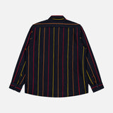 The ORIGINAL MADRAS Pinstripe Roundtail Overshirt is a long-sleeve, button-up style featuring a black base with vertical yellow and red stripes. Crafted from soft Indian cotton, it is shown from the back against a plain white background.
