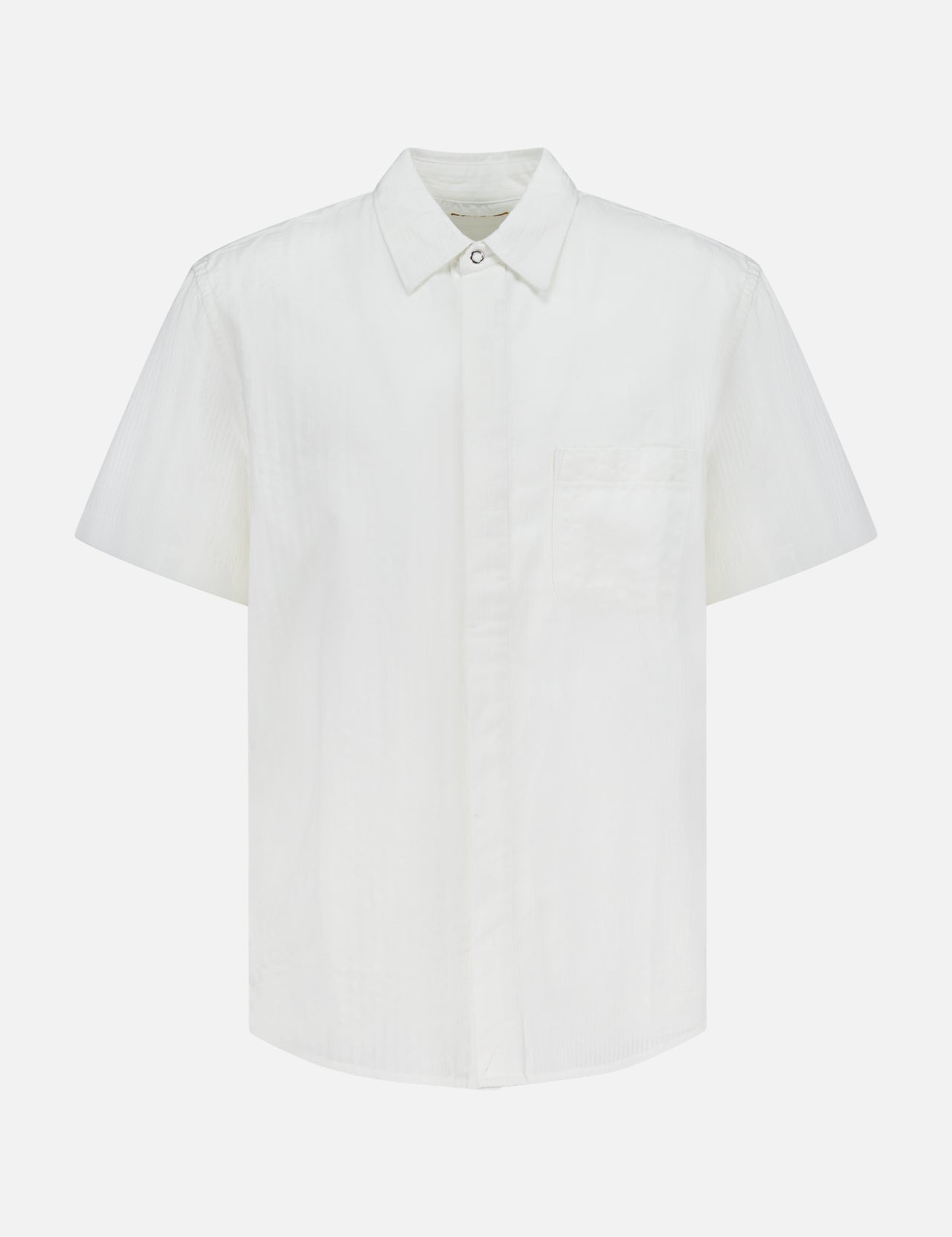 The ORIGINAL MADRAS Seersucker Snap Fly Lax Short Sleeve Shirt features a collar, single chest pocket, and lightweight white seersucker fabric—ideal for spring wear. Displayed on a white background.