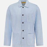 The ORIGINAL MADRAS Seersucker Stripe Shirt Jacket features light blue and white vertical stripes, a collar, black front buttons, and three front pockets—two at the bottom and one on the chest.