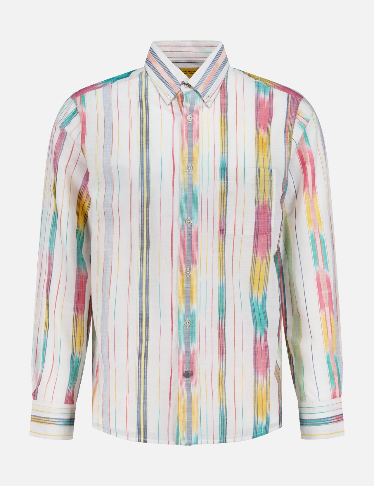 The ORIGINAL MADRAS Stripe Button Down Collar Shirt is made from pure Indian cotton, featuring a white base with pink, yellow, teal, and blue stripes. It has a pointed collar and offers a casual, relaxed fit.