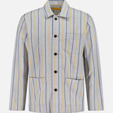 The ORIGINAL MADRAS Stripe Jacquard Shirt Jacket features vertical navy and yellow stripes, a collared neck, front buttons, two front pockets, and a chest pocket. Made from soft Indian cotton. Shown on a plain white background.