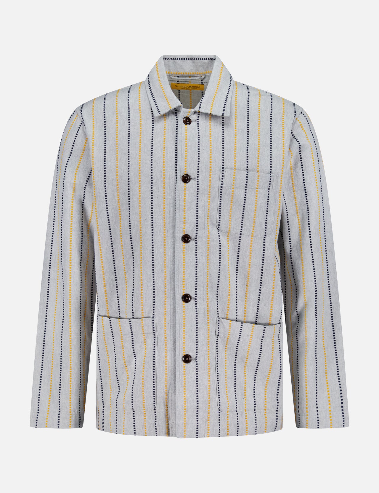 The ORIGINAL MADRAS Stripe Jacquard Shirt Jacket features vertical navy and yellow stripes, a collared neck, front buttons, two front pockets, and a chest pocket. Made from soft Indian cotton. Shown on a plain white background.