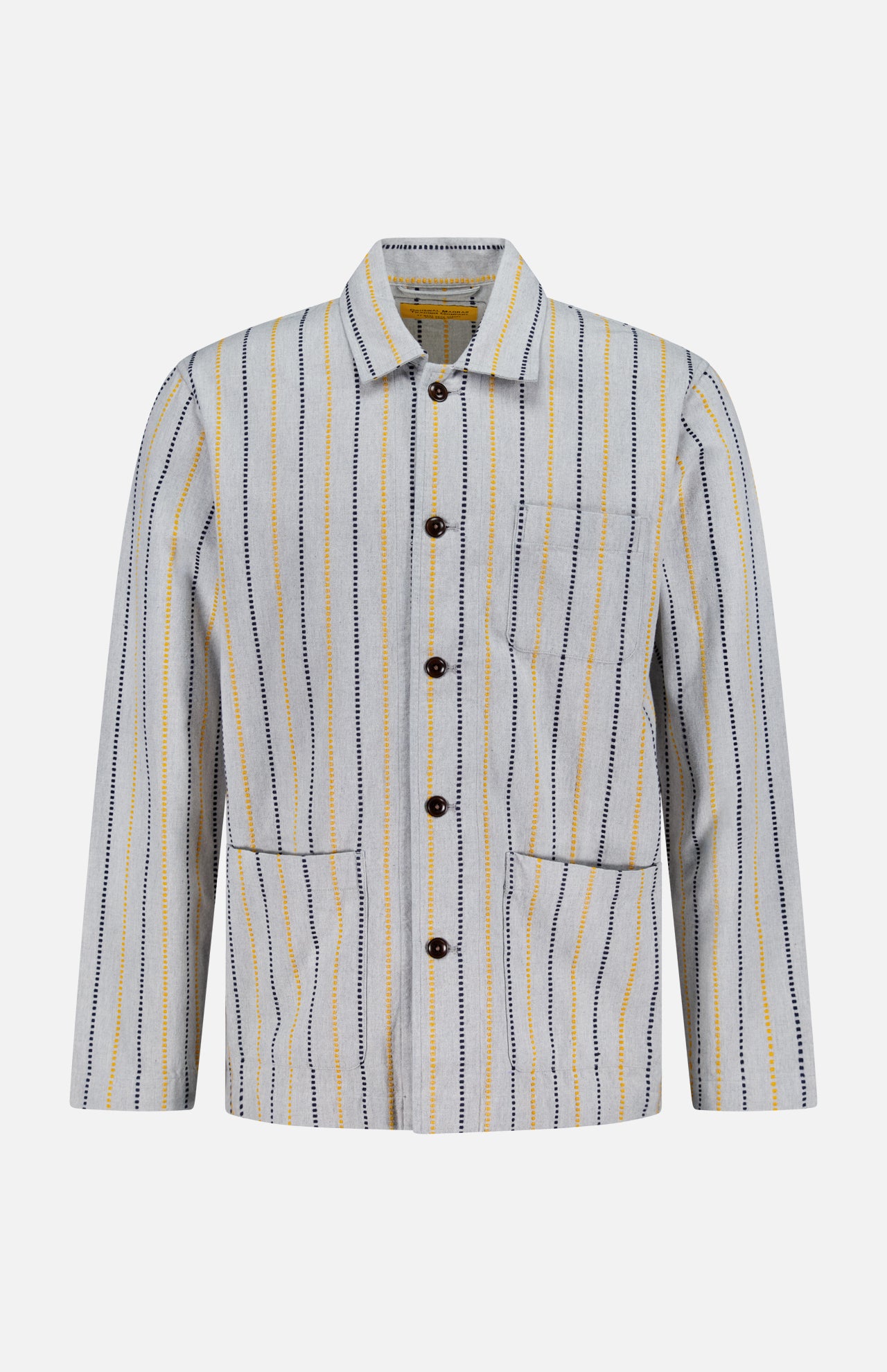 The ORIGINAL MADRAS Stripe Jacquard Shirt Jacket features vertical navy and yellow stripes, a collared neck, front buttons, two front pockets, and a chest pocket. Made from soft Indian cotton. Shown on a plain white background.