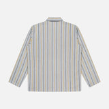 The Stripe Jacquard Shirt Jacket by ORIGINAL MADRAS is a long-sleeve, collared top shown from the back, made of soft Indian cotton with blue, yellow, and white vertical stripes on a light grey background.