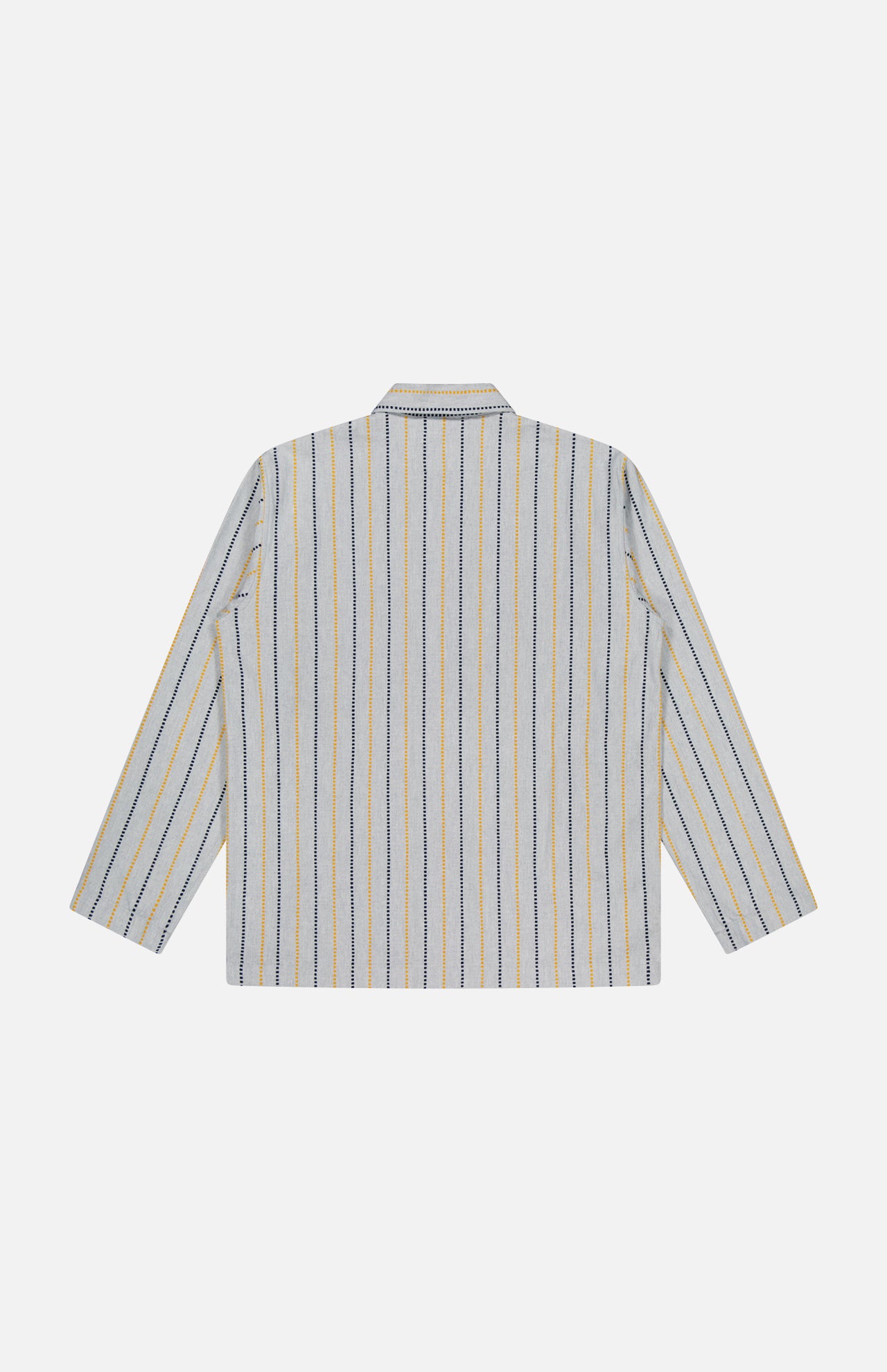 The Stripe Jacquard Shirt Jacket by ORIGINAL MADRAS is a long-sleeve, collared top shown from the back, made of soft Indian cotton with blue, yellow, and white vertical stripes on a light grey background.