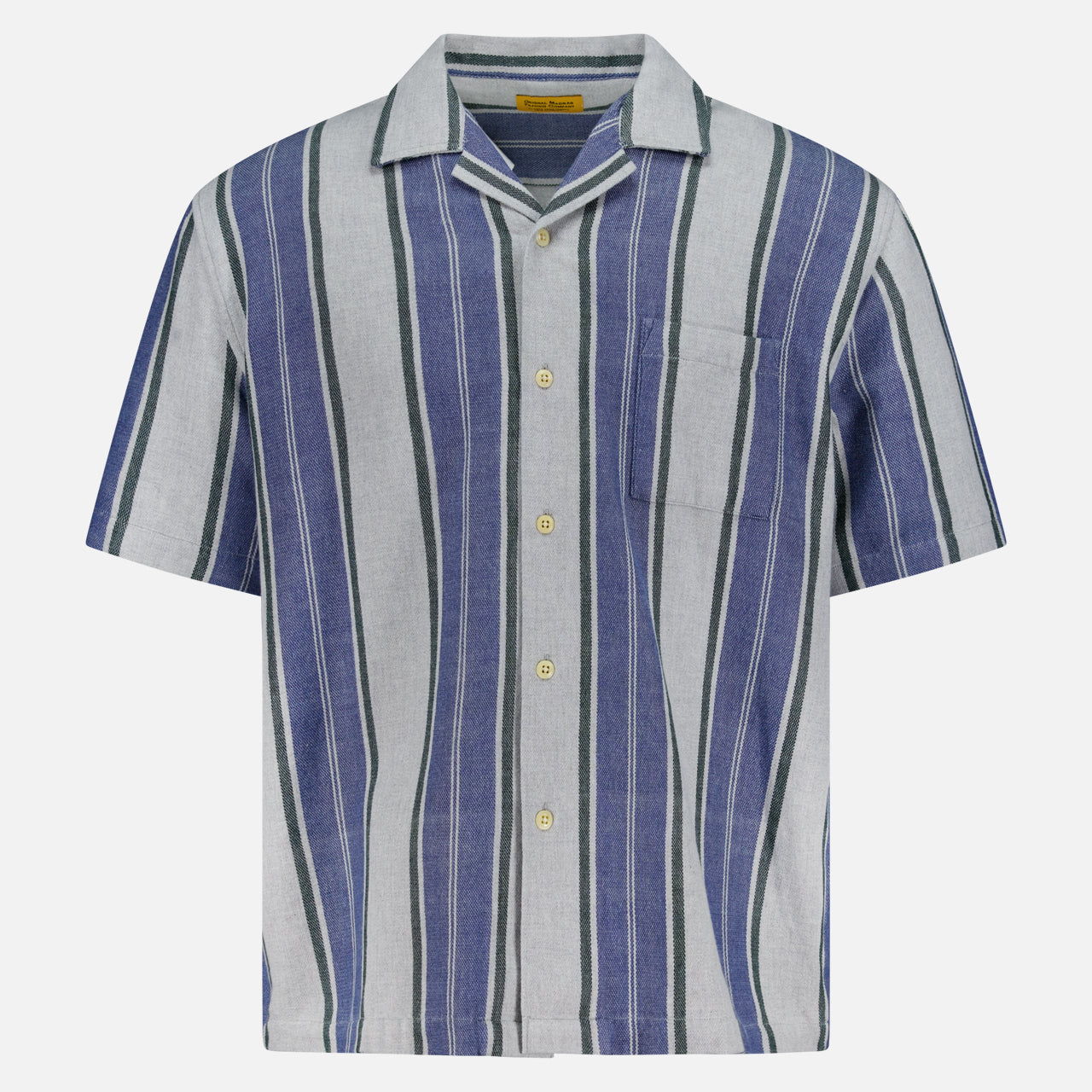 The ORIGINAL MADRAS Stripe Lax Camp Shirt is a short-sleeve button-up with blue and grey stripes, crafted from pure Indian cotton, featuring a left chest pocket and notched collar. Displayed on a plain white background.