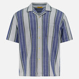 The ORIGINAL MADRAS Stripe Lax Camp Shirt is a short-sleeve button-up with blue and grey stripes, crafted from pure Indian cotton, featuring a left chest pocket and notched collar. Displayed on a plain white background.