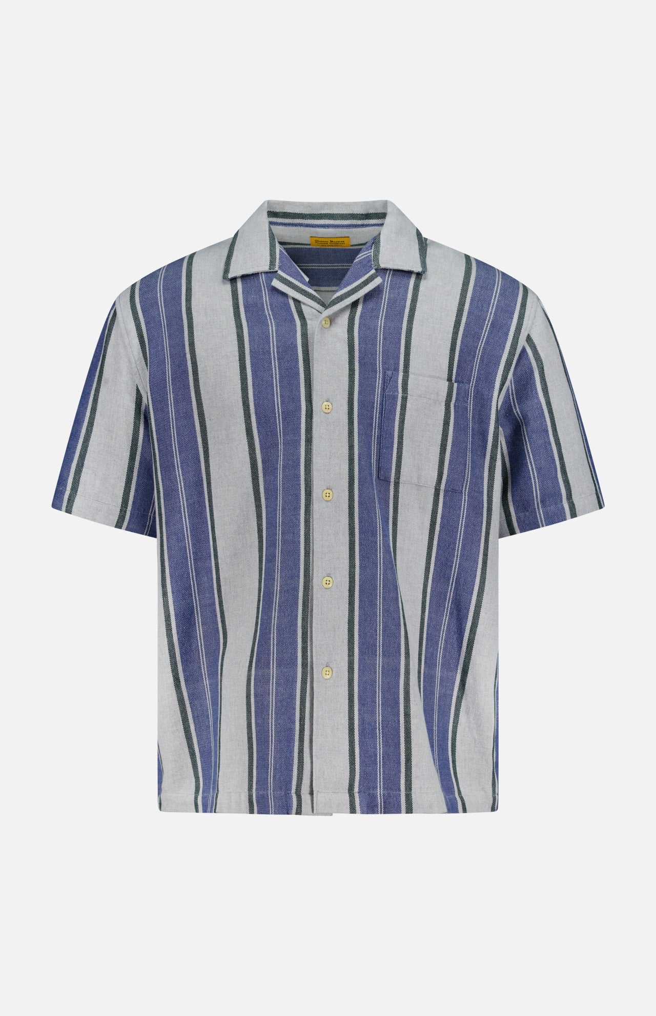 The ORIGINAL MADRAS Stripe Lax Camp Shirt is a short-sleeve button-up with blue and grey stripes, crafted from pure Indian cotton, featuring a left chest pocket and notched collar. Displayed on a plain white background.